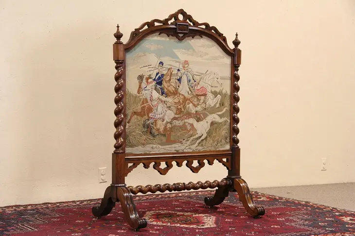 Victorian Carved 1860's Antique Fireplace Screen, Hunt Tapestry