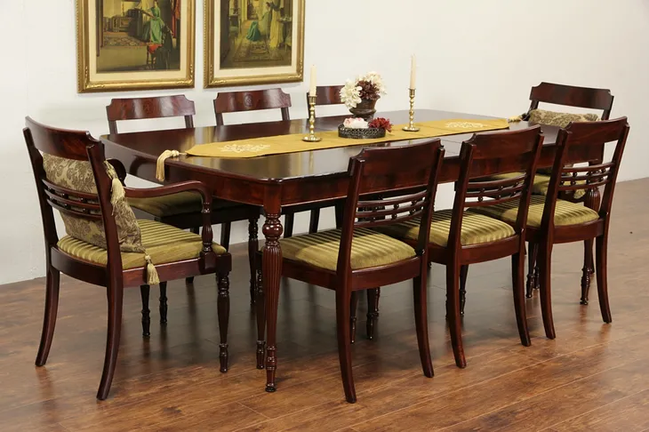Sheraton 1930 Vintage Dining Set, Table, 4 Leaves, 8 Chairs, Mahogany, Marquetry