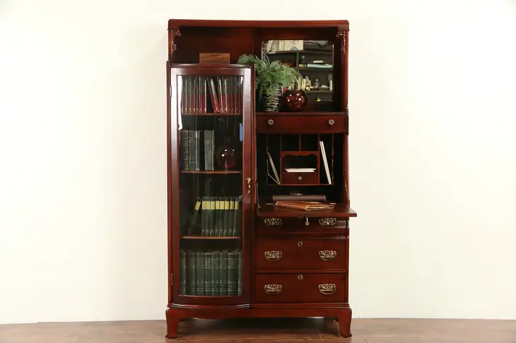 Secretary Desk & Curved Glass Bookcase, 1900 Antique Side by Side