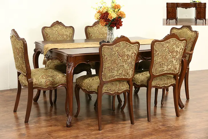 Country French 1940's Vintage Dining Set, Table, Leaves, 6 Chairs New Upholstery