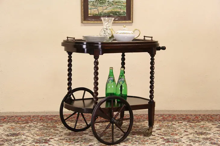 Tea Cart, Beverage or Dessert Trolley with Tray, 1920's Mahogany
