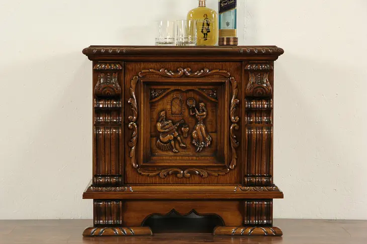 Scandinavian Oak 1920's End Table or Cabinet, Carved Music Scene