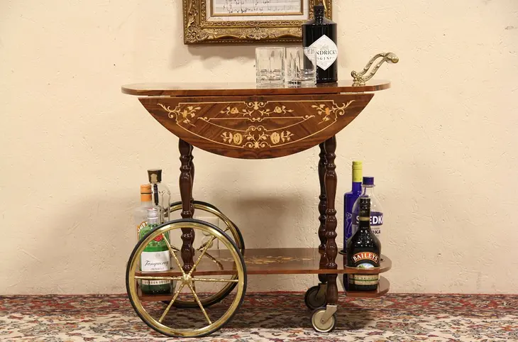 Italian Marquetry Burl Tea Cart, Beverage or Dessert Trolley