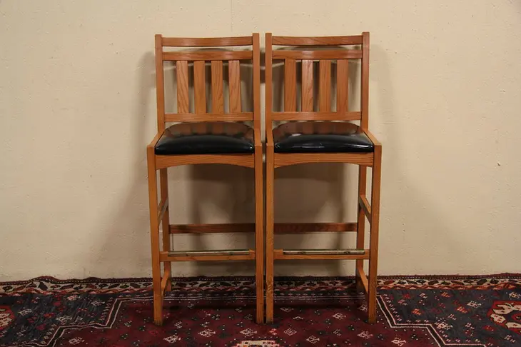 Pair of Arts & Crafts Mission Oak Style Vintage Coffee Shop Stools "A"