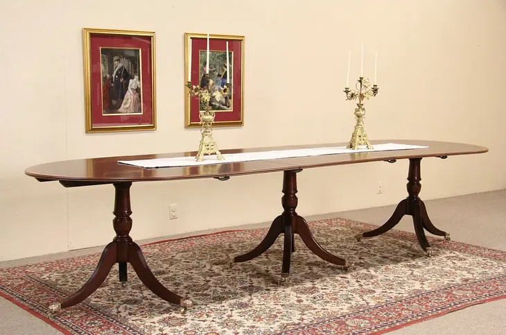 Georgian Vintage English Triple Pedestal 11' Banded Mahogany Dining Table