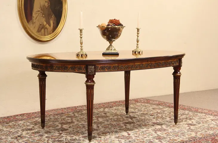 French 1940's Vintage Marquetry Dining Table, Draw Leaves