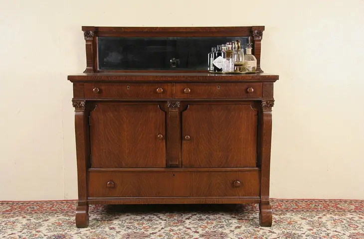 Oak 1900 Antique Sideboard, Server or Buffet, Beveled Mirror