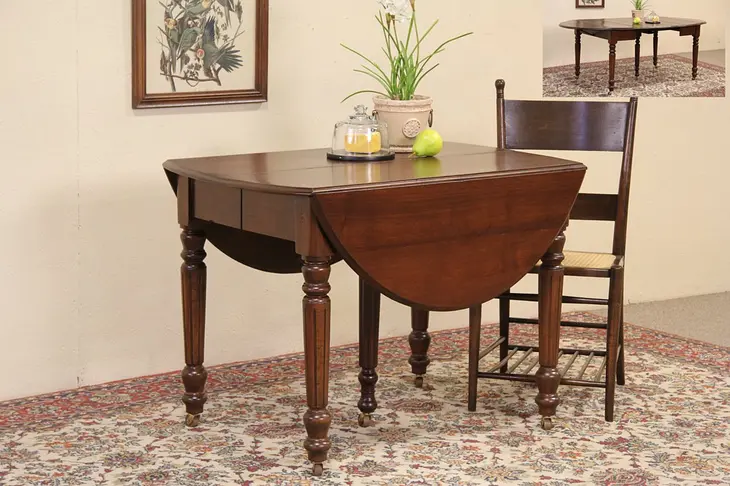 Victorian Oval 1890 Antique Drop Leaf Dining Table, 3 Leaves