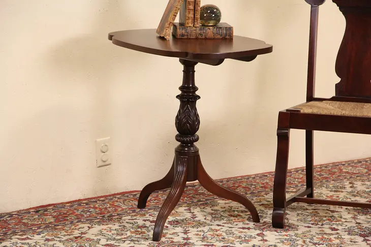 Georgian 1870's Antique English Carved Mahogany Tilt Top Tea Table