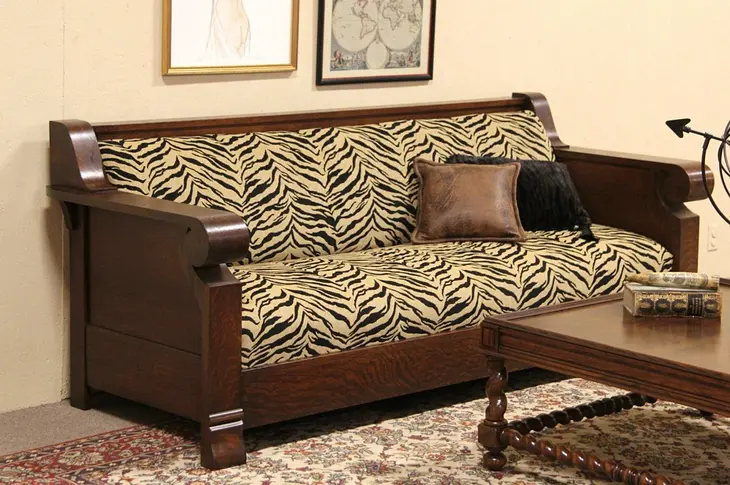 Oak 1900 Antique Craftsman Sofa or Settee, Newly Upholstered Animal Print