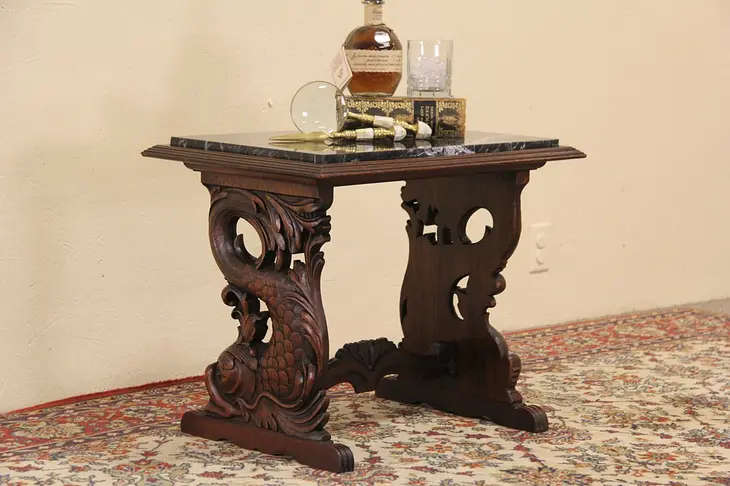 Carved Dolphin 1920's Antique Chairside, Cocktail or Coffee Table, Black Marble