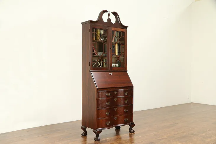 Traditional 1930's Vintage Carved Mahogany Secretary Desk & Bookcase #30856