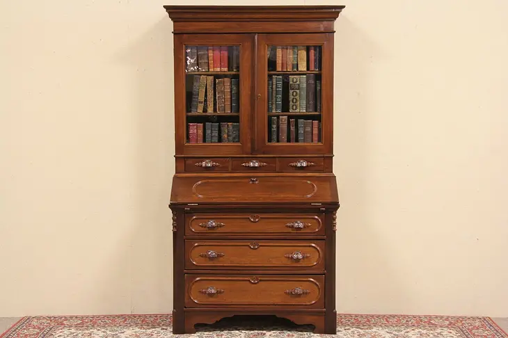 Victorian 1865 Walnut Secretary Desk & Bookcase