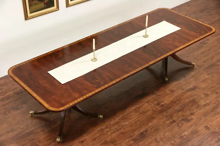 Mahogany Banded Double Pedestal Dining Table, 2 Leaves, Extends 10' 2"