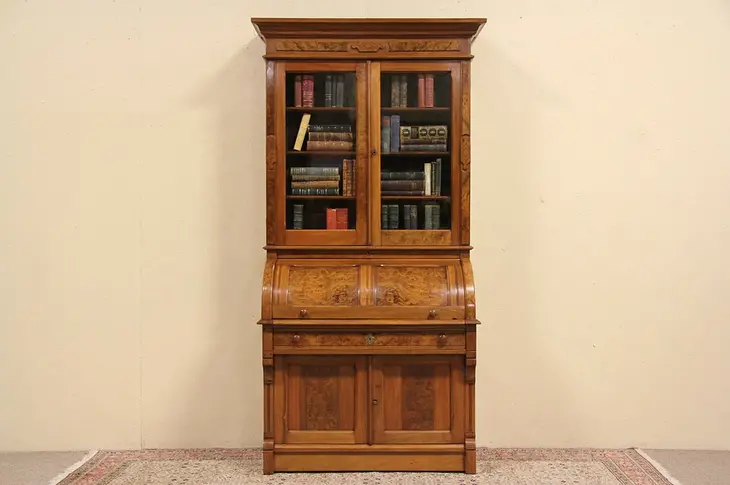 Eastlake 1885 Antique Walnut Cylinder Roll Top Desk & Bookcase