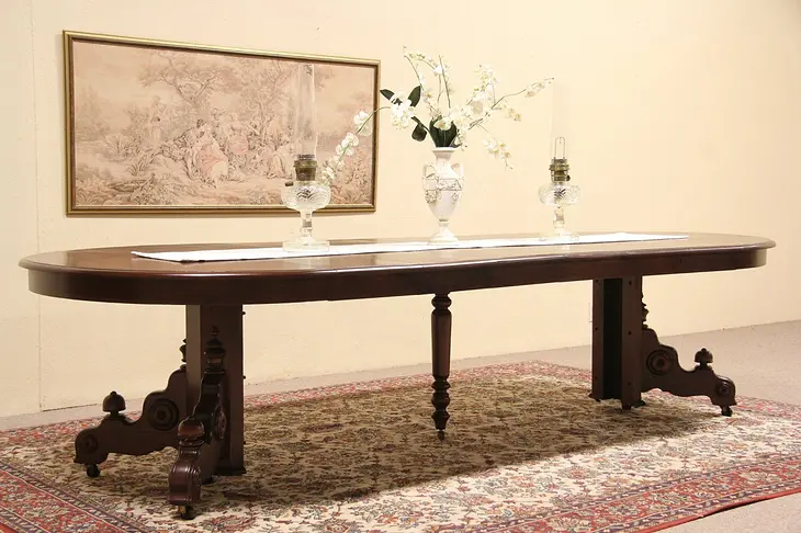 Victorian 1885 Round 4' Walnut Dining Table, Extends 9' 10"