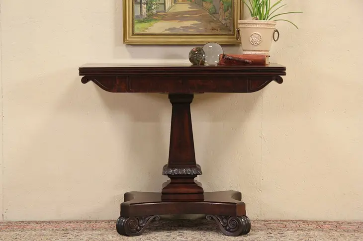 Empire Greek Revival Antique 1830 Carved Console Table, Opens to Game Table