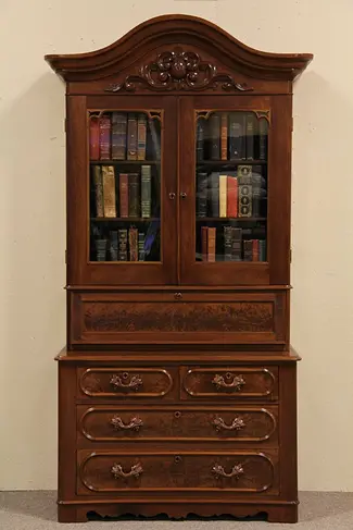 Victorian Carved Secretary Desk, Bookcase Top