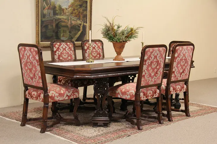 Renaissance Carved 1920's Dining Set, Table, 4 Leaves & 6 Chairs
