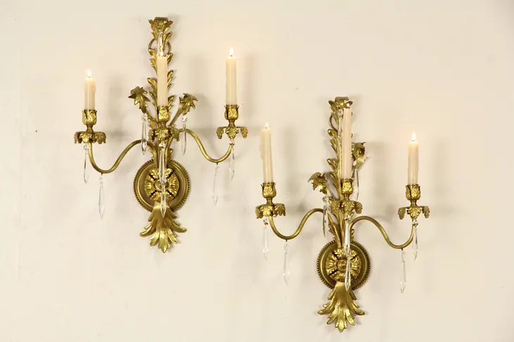 Pair of Vintage Brass Triple Candle Wall Sconces