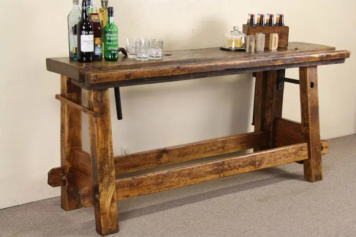 Primitive Antique Pine Workbench, Wine & Cheese Table