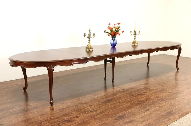 Carved Country French 1950 Vintage Walnut Dining Table, Extends Over 16' Long