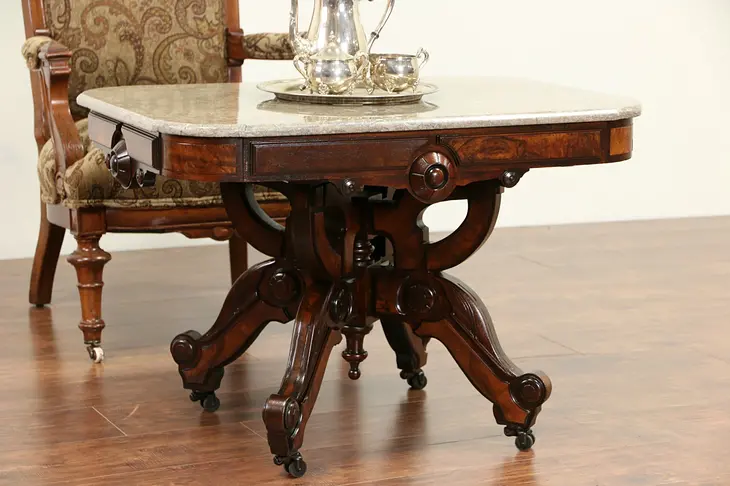 Victorian Antique 1875 Walnut & Burl Coffee Table, Fossil Marble Top