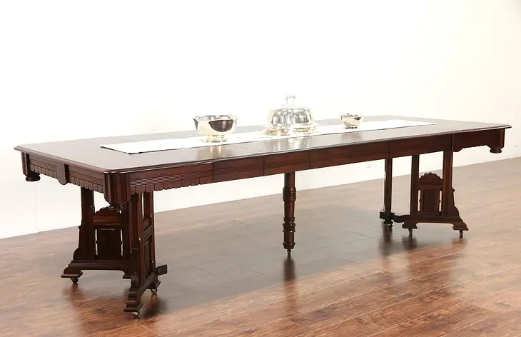 Victorian Eastlake 1885 Walnut Dining Table, 6 Leaves, Extends 9' 8"