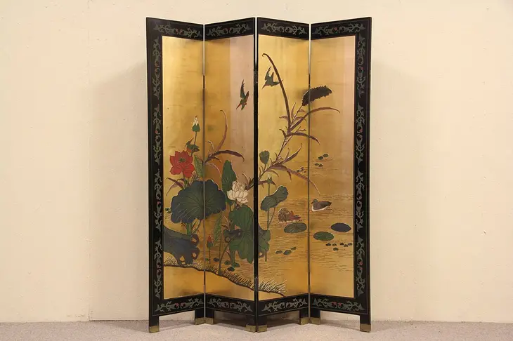 Chinese Carved Coromandel & Gold Leaf Vintage Screen