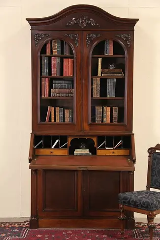 Victorian 1860 Antique Walnut Secretary Desk & Bookcase