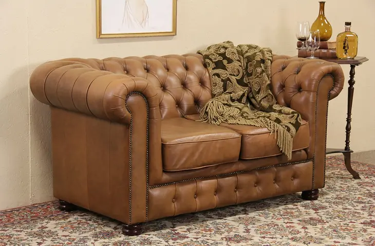 Chesterfield Tufted Leather Vintage Sofa or Loveseat 5' Long