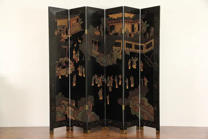 Hand Painted Chinese Coromandel  Lacquer Vintage 6 Panel Screen