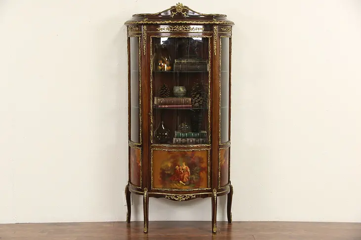 French 1920 Curved Glass Vitrine Curio Display Cabinet, Brass Mounts, Paintings