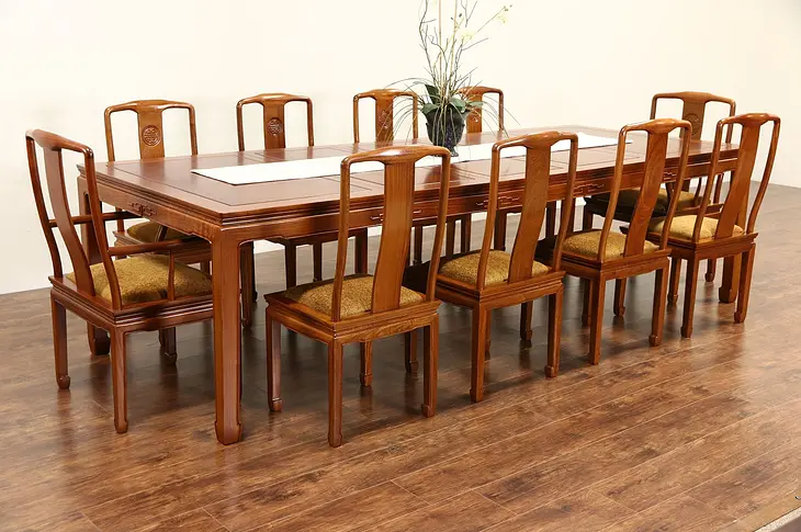Asian Vintage Carved Rosewood Dining Set, Table 3 Leaves, 10 Chairs, Thailand