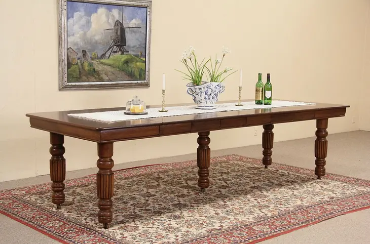 Square Oak 1900 Antique Dining Table, 6 Leaves Extend 9' 6"