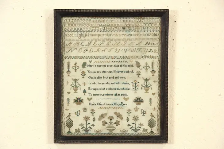 Needlework Stitchery Framed Antique Sampler, Signed and Dated 1838