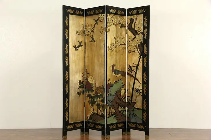 Chinese 4 Panel Carved Lacquer Coromandel Vintage Screen