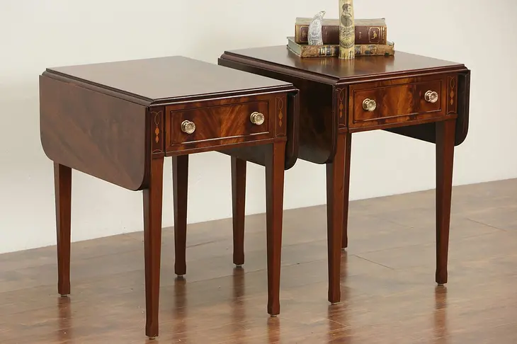 Pair Traditional Mahogany 1950 Vintage Dropleaf Nightstand, Lamp Tables, Signed