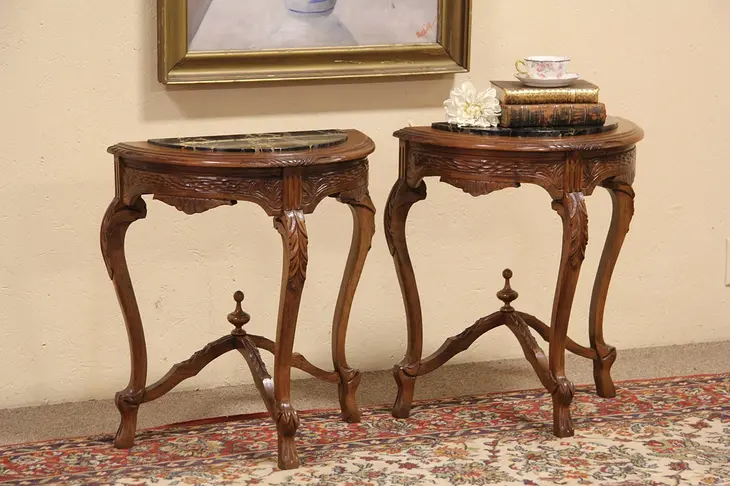 Pair of Black Marble Top Demilune 1920's Console Tables
