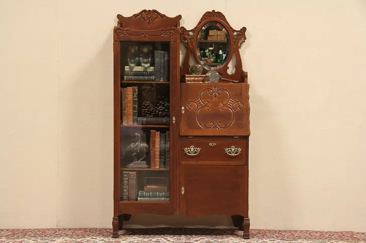 Oak 1900 Antique Side by Side Secretary Desk Bookcase