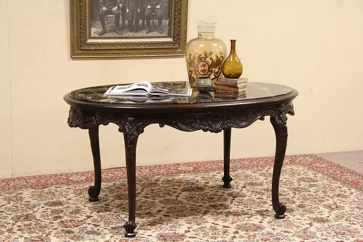 French Oval Marble Top 1900 Antique Center Table or Writing Desk