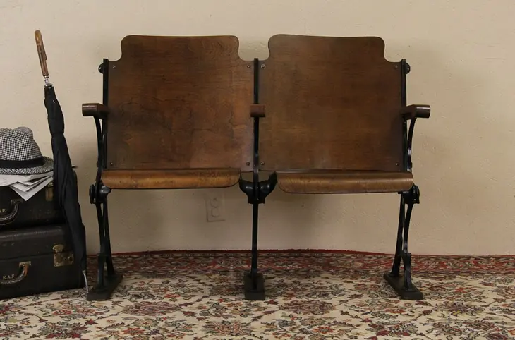 Pair Wood & Iron 1910 Antique Theater Seats or Bench