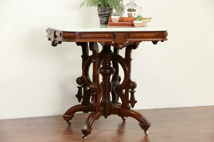 Victorian 1880 Antique Walnut Parlor Lamp Table, Marble Top