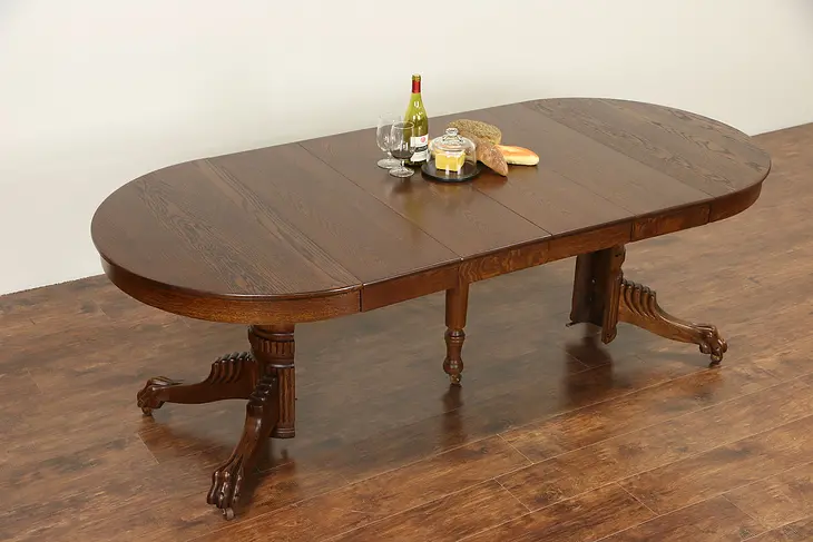 Round Oak 1900 Antique Dining Table, Carved Lion Paw Feet, 4 Leaves