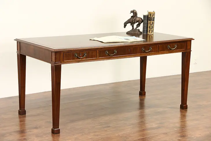 English Mahogany Leather Top Vintage Library Writing Desk