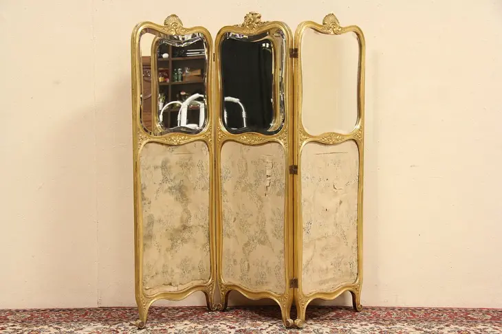 Folies Bergere Gold 1880's Antique French Dressing Screen