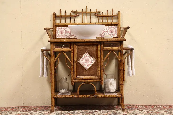 Bamboo & Tile 1880 Antique Washstand, Server, Bar or Vessel Sink Vanity
