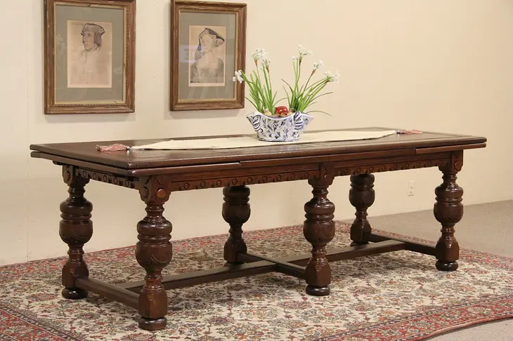 English Tudor 8' Oak Dining or Library Table 1926 Sorority House, Extends 12'