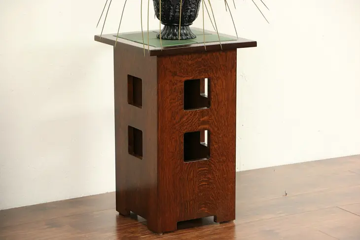 Arts & Crafts Vintage Artisan Signed Tile Top Chairside Table, Plant Pedestal