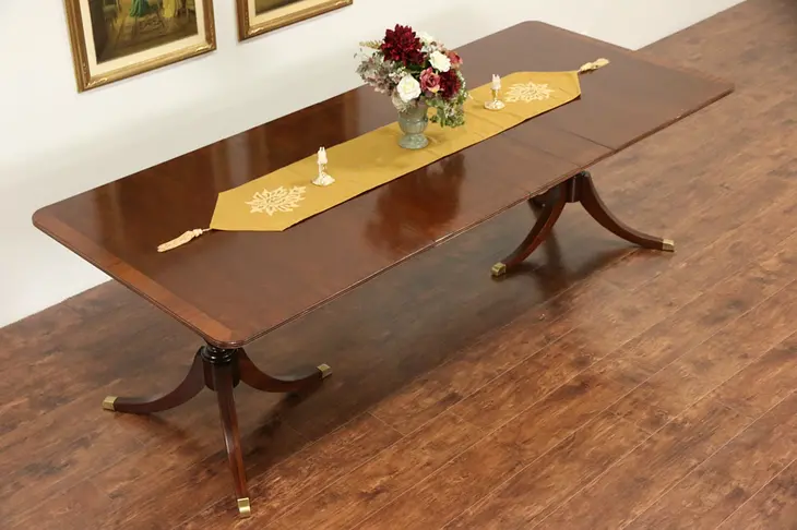 Banded Mahogany Vintage Double Pedestal Dining Table & Leaves